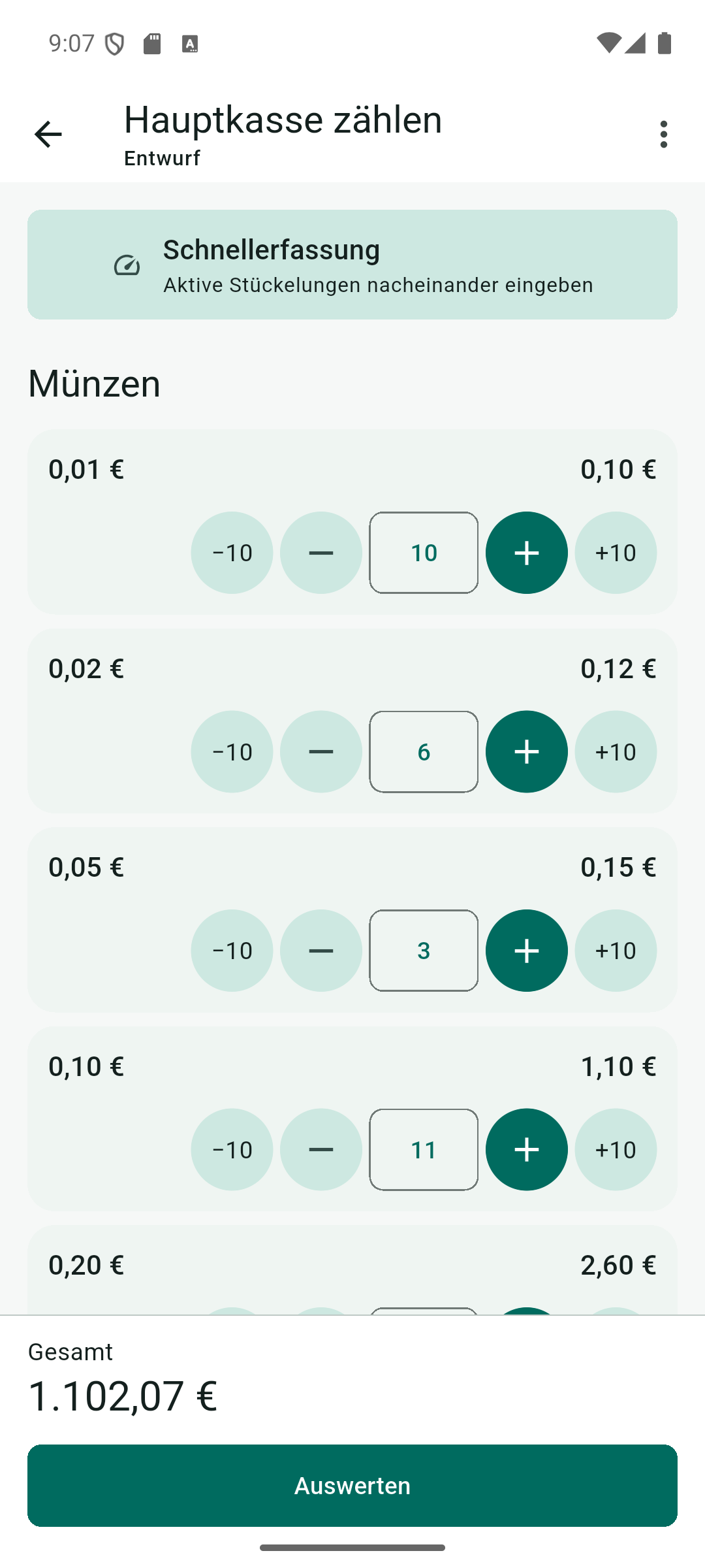 Zählansicht mit Münzen, Stückzahlen, Schnellerfassung und laufender Summe.