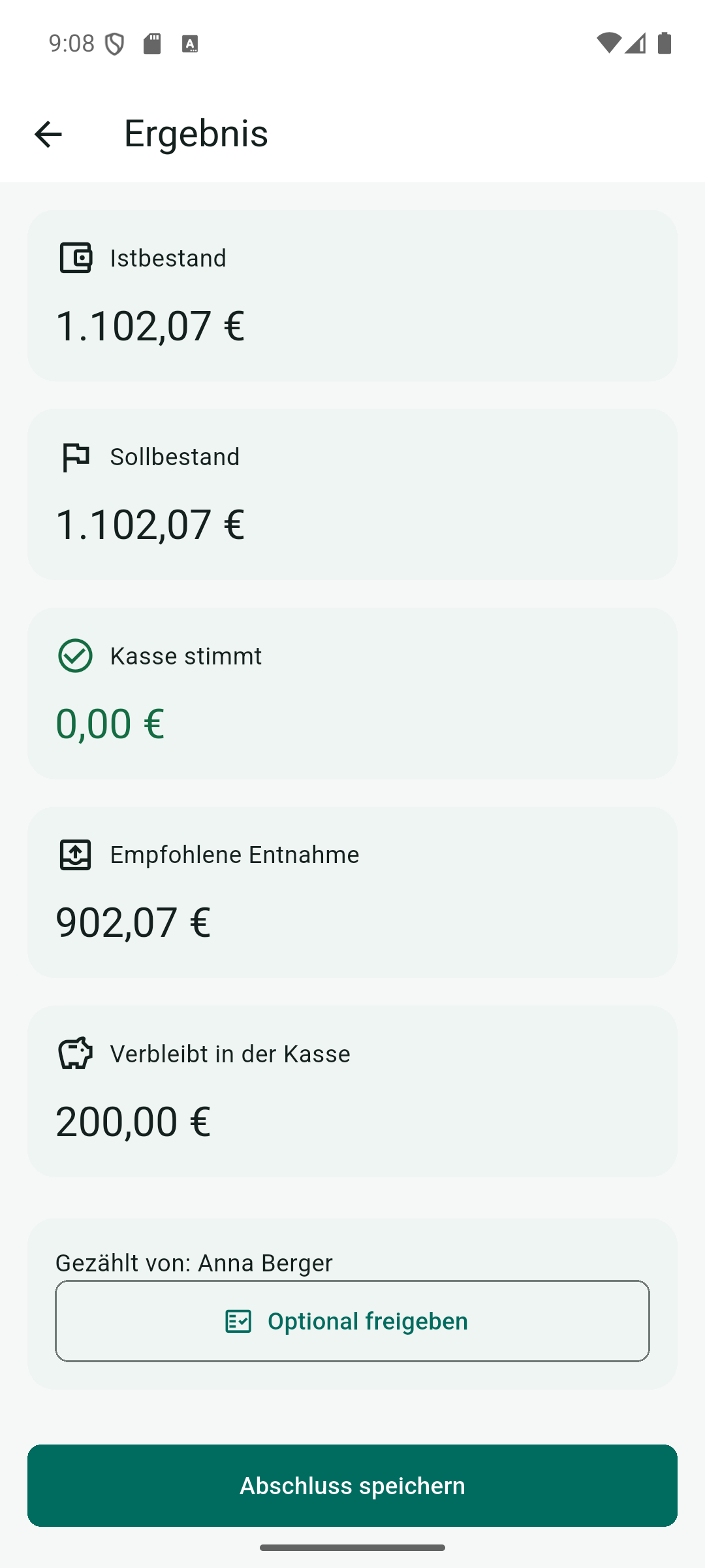 Ergebnisansicht mit Istbestand, Sollbestand, Differenz, empfohlener Entnahme und verbleibendem Wechselgeld.