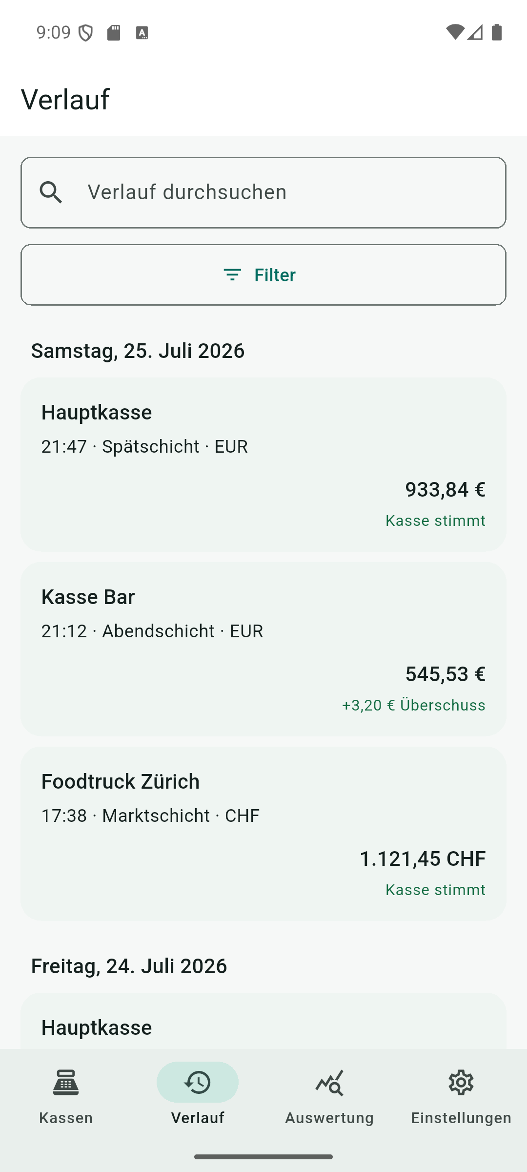Durchsuchbarer Verlauf mehrerer gespeicherter Kassenabschlüsse.