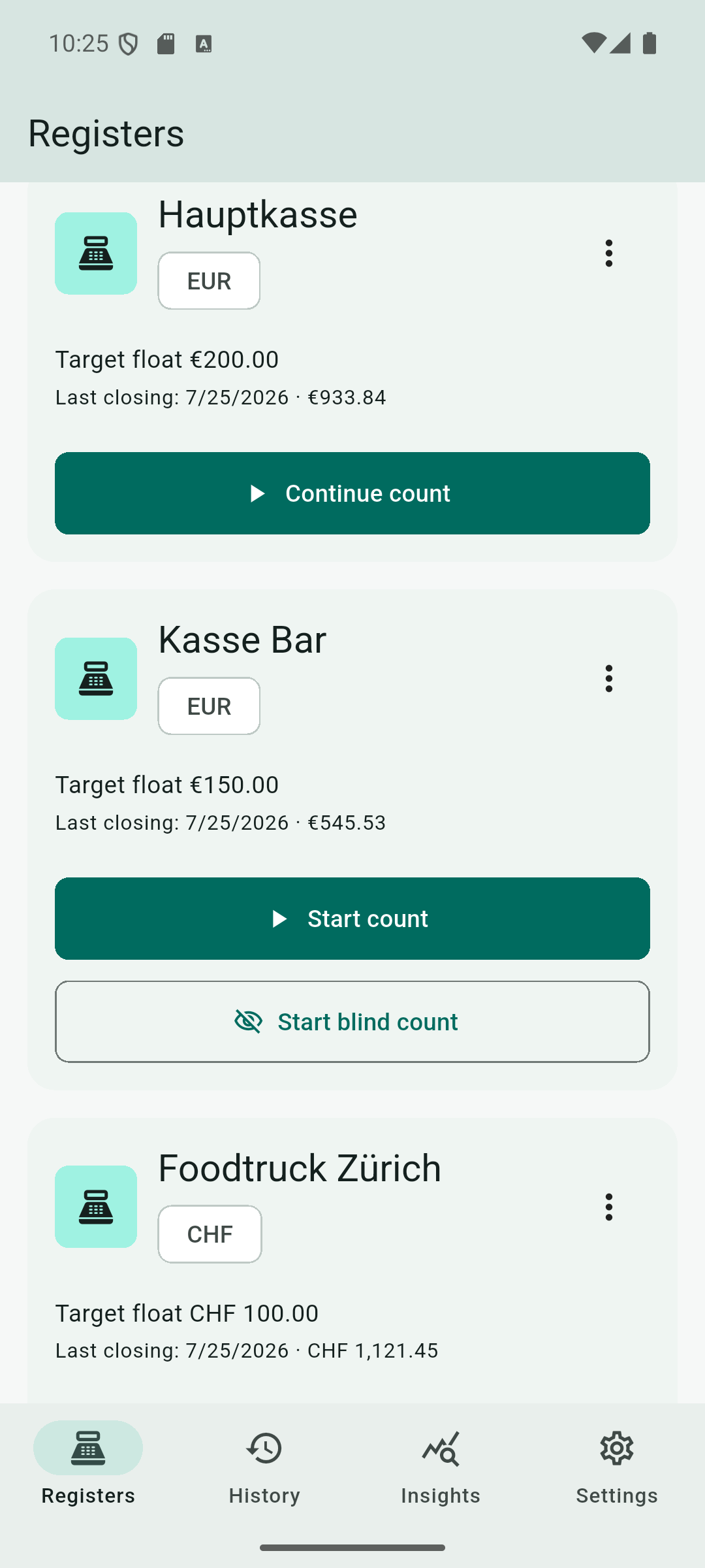 Kassento till overview showing multiple tills in euros and Swiss francs, a target float, and access to normal and blind counts.