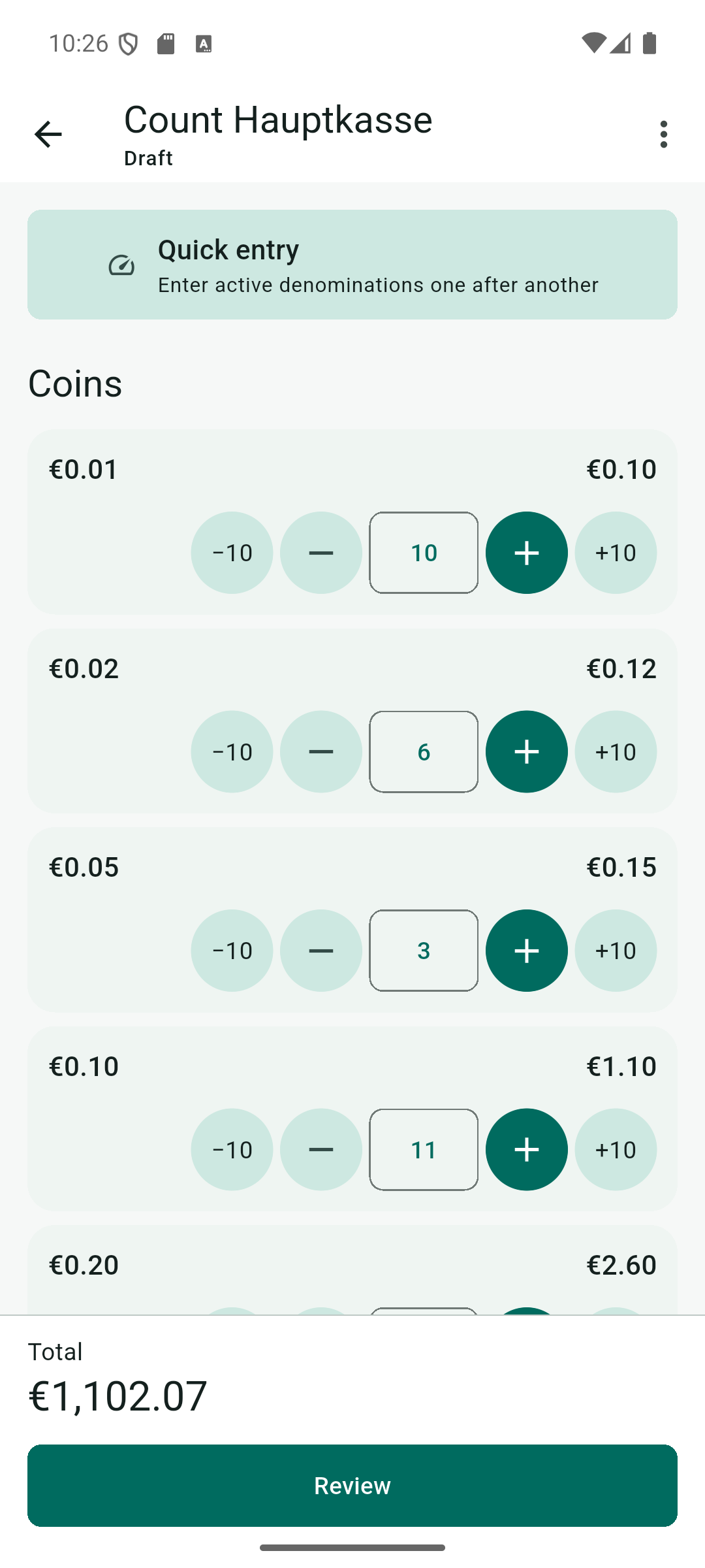 Counting screen with coins, quantities, quick entry, and a running total.