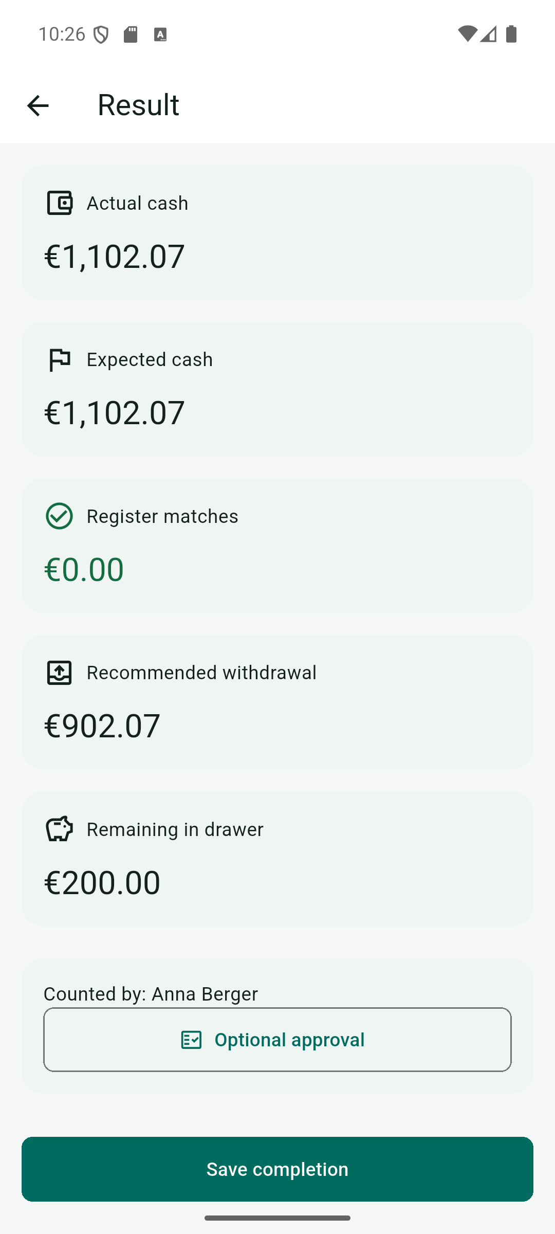 Results screen showing actual cash, expected balance, variance, recommended withdrawal, and remaining float.