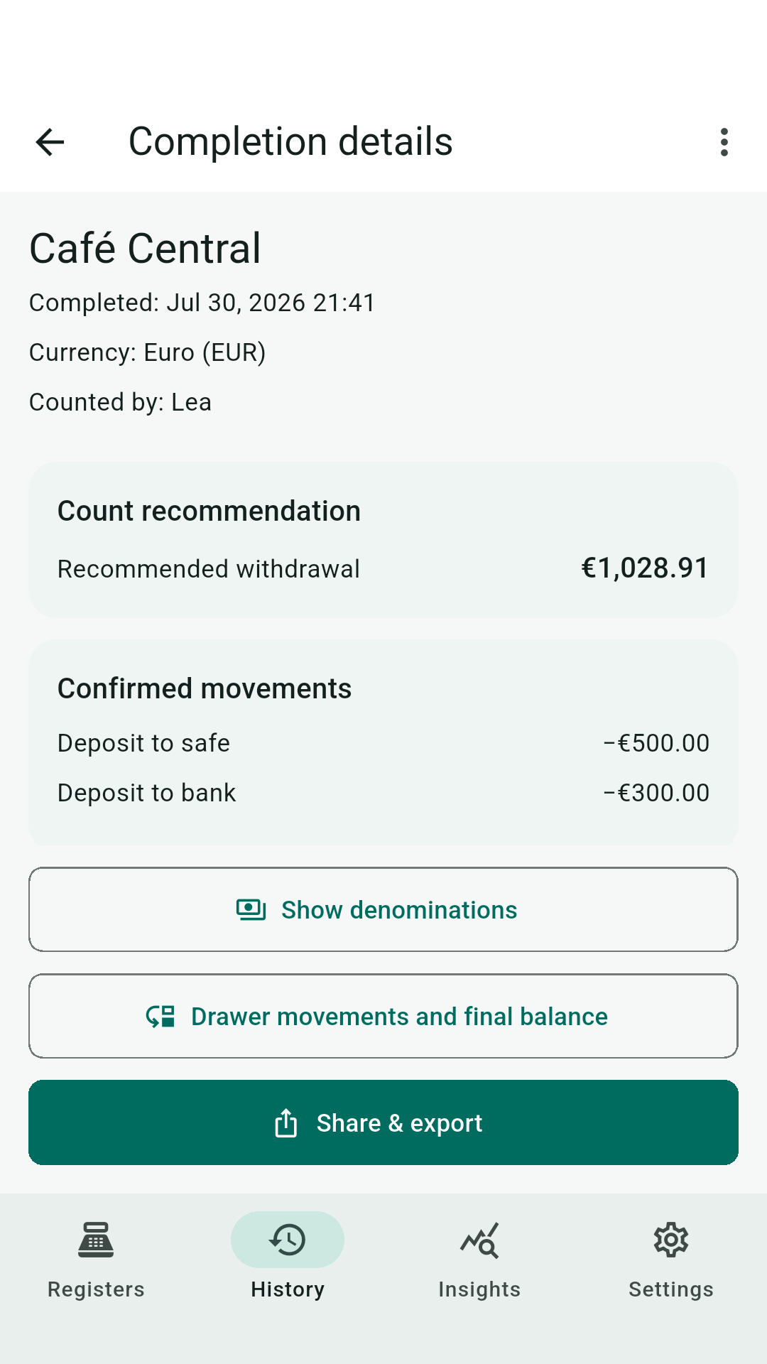 Closing details with the recommended withdrawal, confirmed deposits to the safe and the bank, and actions for denominations, drawer movements, and export.