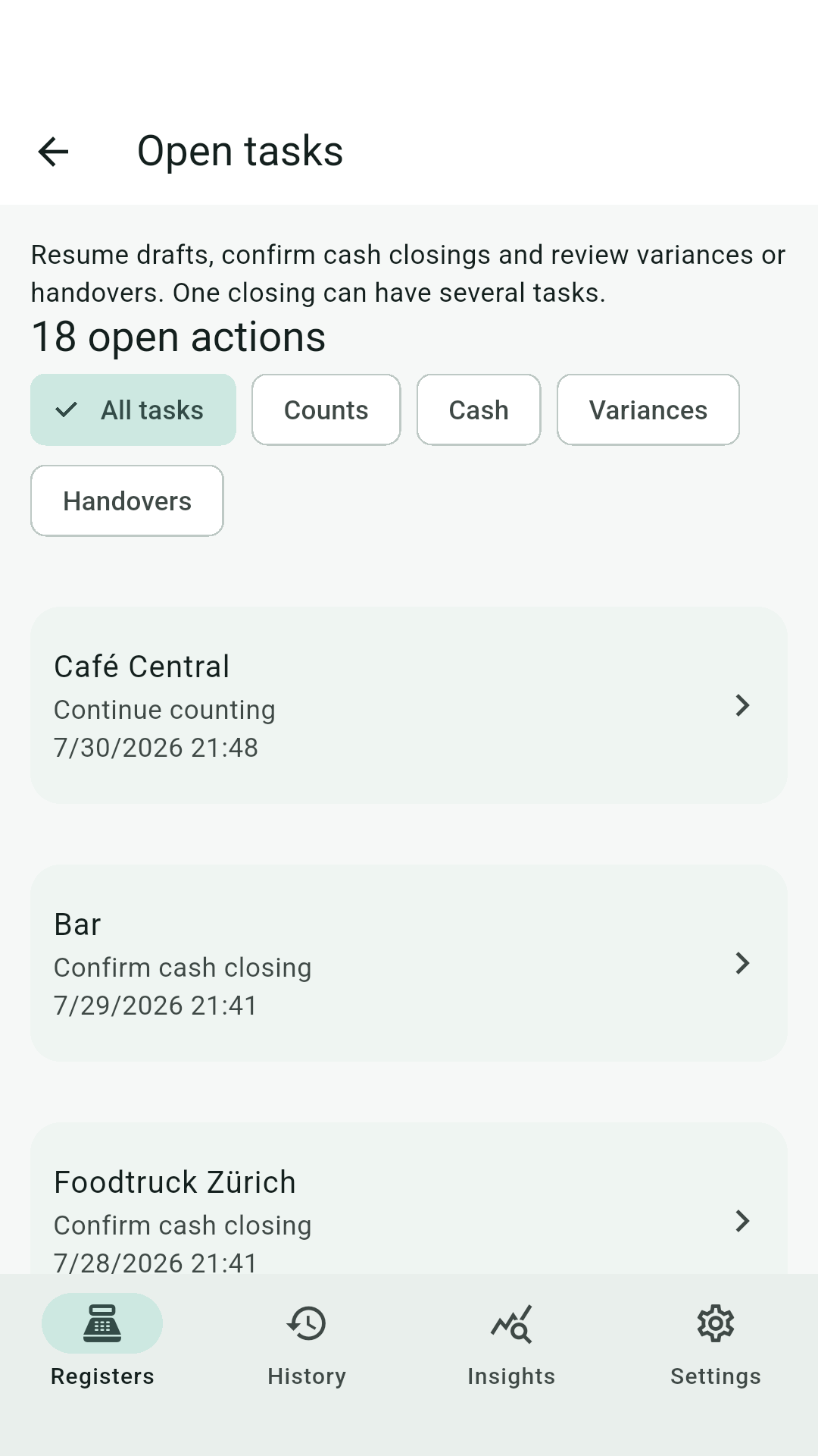 Open tasks list showing 18 open actions, filters for counts, cash, variances, and handovers, and one entry per till.